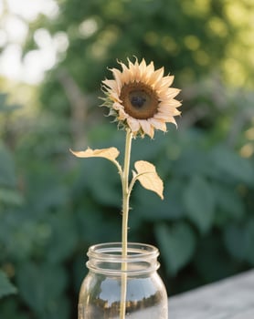 Serene Beauty of a Dried Sunflower in Glass Jar under Natural Light Outdoors photo