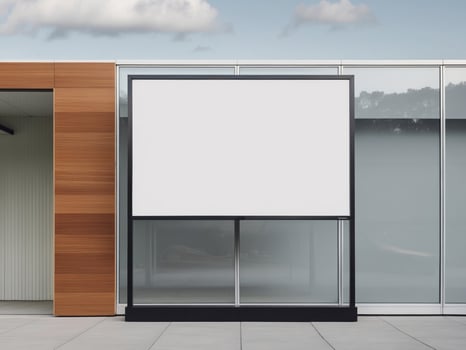 Blank Billboard Outside Modern Glass Building with Wooden Accents. photo