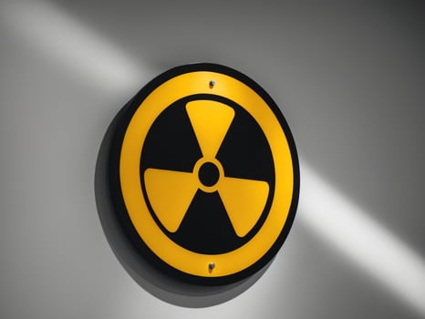 Circular radiation warning sign with yellow and black design. photo