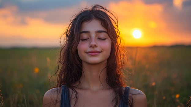 A woman with long hair is sitting in a field and looking at the sun. She is in a peaceful and serene state of mind photo