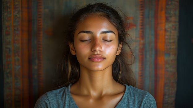 A woman is sitting with her eyes closed and her head tilted to the side. She has a slight smile on her face photo