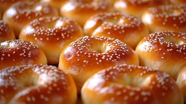 Freshly baked sesame bagels are beautifully lined up, inviting customers to savor their flavor and texture photo