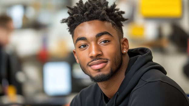A young man with stylish hair sits confidently in a contemporary setting, smiling warmly photo
