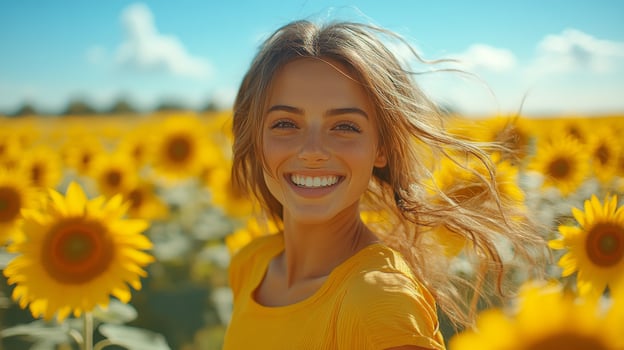A girl stands amidst tall sunflowers, her hair blowing gently in the breeze. She wears a cheerful yellow outfit and beams with happiness in the sunlight. photo