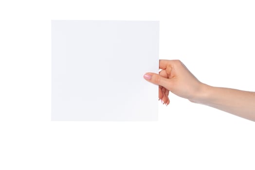 Woman's hand showing white paper banner isolated on white photo