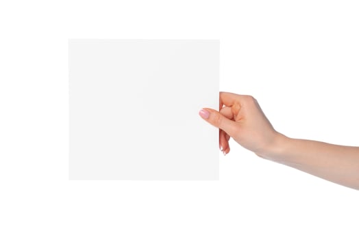 Woman's hand showing white paper banner isolated on white photo