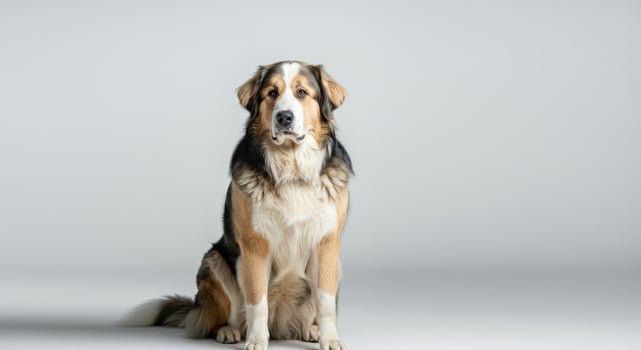Majestic tri-color australian shepherd in studio setting for pet portrait photo