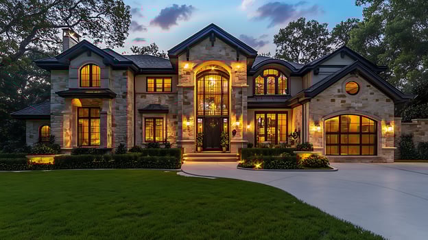 Evening Elegance of a Stunning Luxury Home's Exterior photo