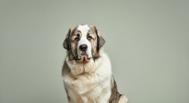 Gentle portrait of a calm saint bernard dog with soft tan and white fur against a neutral background photo
