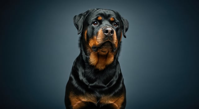Portrait of a regal rottweiler against a dark background for pet lover decor photo