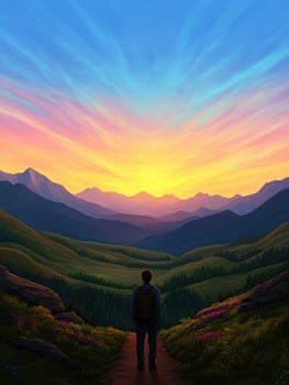 Mountain view at sunset with a figure enjoying nature photo