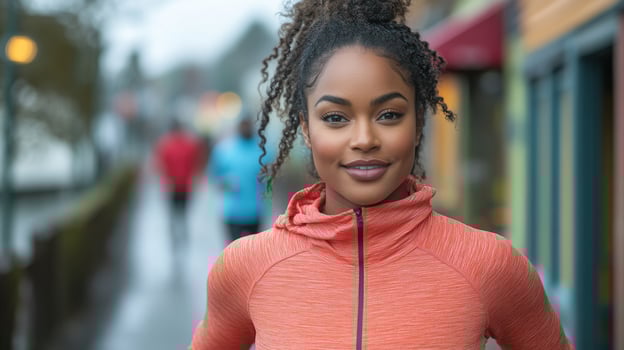 A woman in bright athletic gear stands proudly on a sidewalk surrounded by joggers. The rainy atmosphere adds a refreshing touch as she smiles confidently, highlighting her commitment to fitness. photo