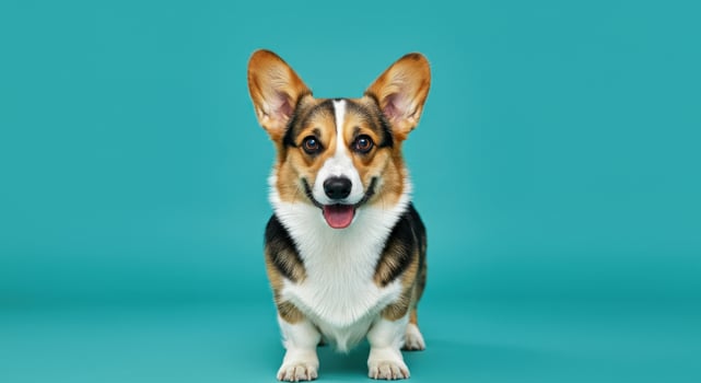 Energetic corgi on vibrant turquoise background for pet enthusiasts and animal lovers photo