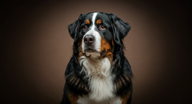 Portrait of a bernese mountain dog against a rich brown backdrop photo