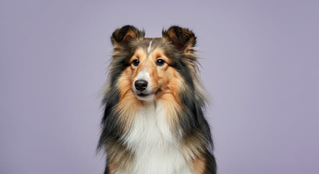 Elegant collie with majestic mane against soft purple background for pet enthusiasts photo