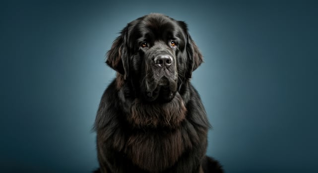 Majestic newfoundland dog portrait on blue background for pet care and animal lover themes photo