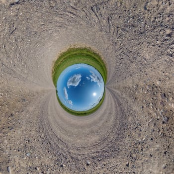 blue hole sphere or globe little planet inside green dry grass or stone with sand frame background photo