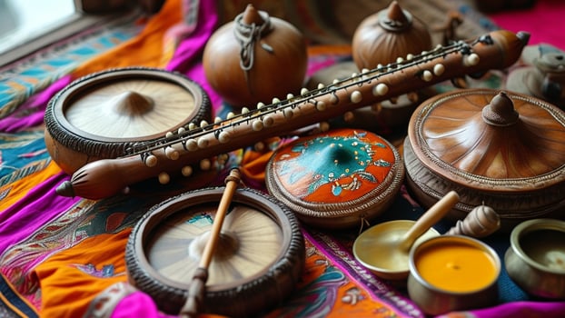 Close up of ethnic musical instruments and ceremonial bowls. photo