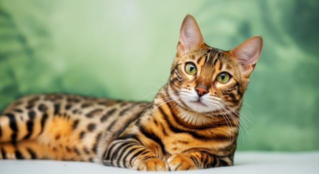 Majestic bengal cat with striking green eyes relaxing indoors photo