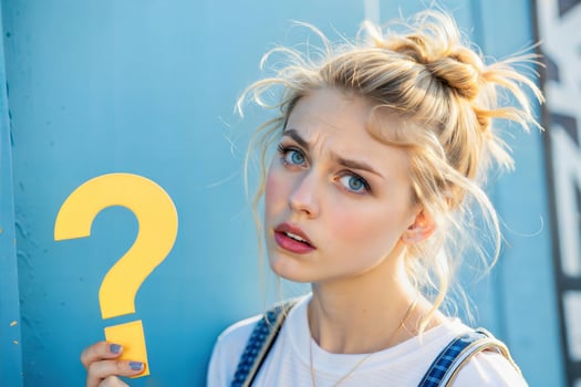 Portrait of beautiful confused young blonde woman holding yellow question mark, isolated on blue background photo