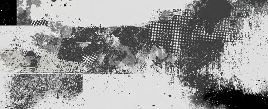 Creative black-and-white texture featuring grunge halftone dots, splatter effects, and abstract patterns, perfect for artistic designs. photo