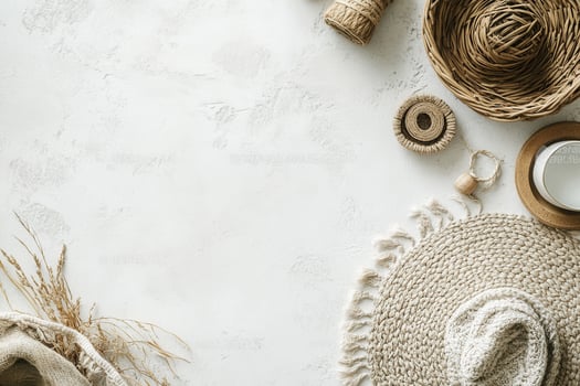 Natural decor items arranged on a light surface. photo