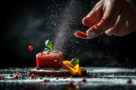 Chef preparing gourmet tuna dish with spices. photo