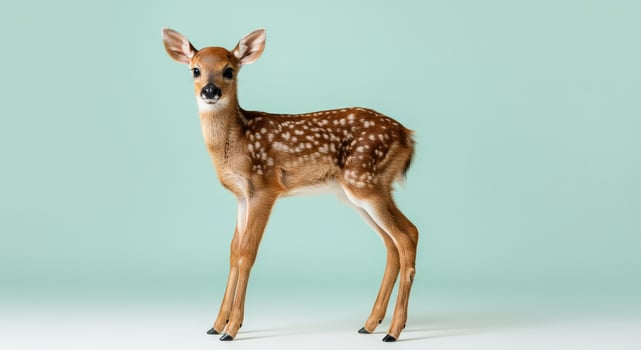 Adorable young fawn standing on soft green background for nature and wildlife design photo