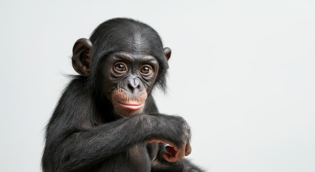 Young chimpanzee posing against white background for wildlife conservation themes photo