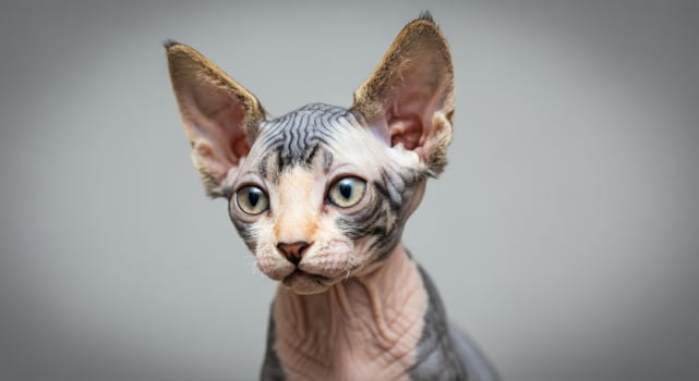 Sphynx cat close-up portrait with striking eyes against neutral background photo