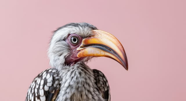 Southern yellow-billed hornbill against soft pink backdrop for nature enthusiasts and birdwatchers photo