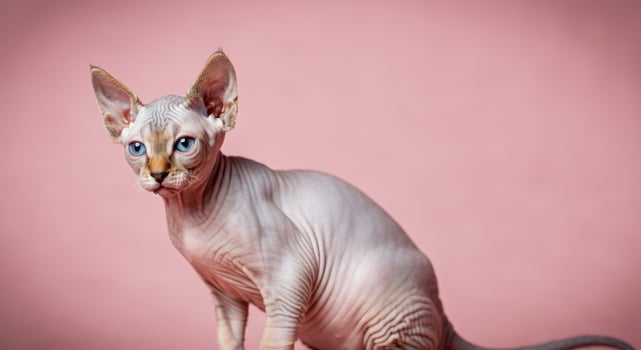 Sphynx cat with blue eyes posing against pink background for pet portraits photo