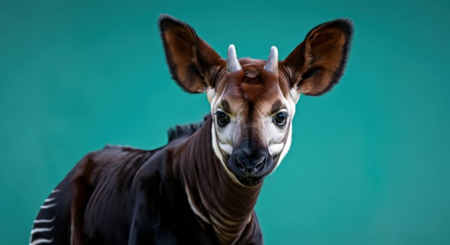 Close-up of young okapi on green background for wildlife education and conservation awareness photo
