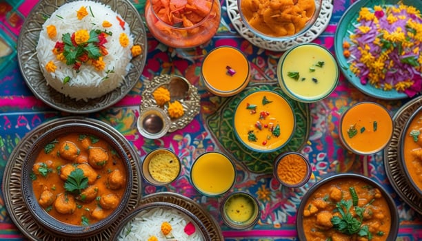 A vibrant spread of Indian food, showcasing diverse dishes and spices. photo