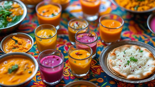 Colorful Indian food dishes and drinks photo