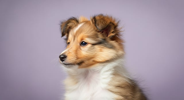 Adorable shetland sheepdog puppy against soft purple background for animal lovers photo