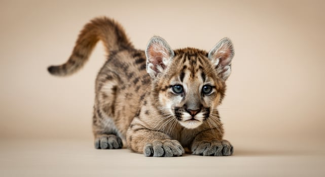 Adorable puma cub with striking blue eyes on neutral background photo