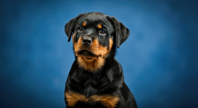 Adorable rottweiler puppy with curious expression on blue background photo