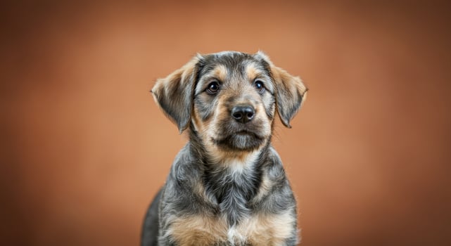 Adorable mixed breed puppy with fluffy ears and expressive eyes on warm background photo