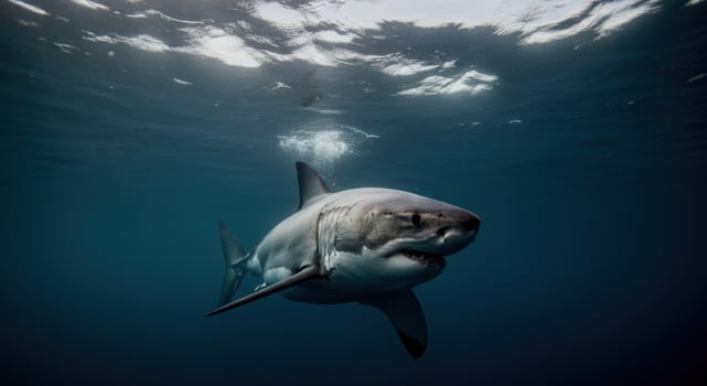 Great white shark underwater in open ocean with sunlight above photo