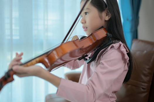 A girl violinist plays and practices the violin at home photo