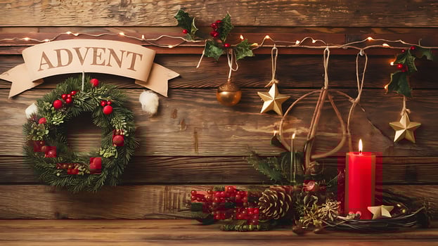 Rustic Advent Christmas Wreath Decor Candles, Stars, and Berries. photo