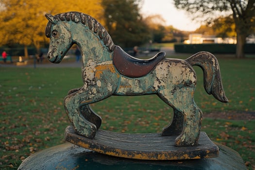A weathered rocking horse sits on a grassy area in a park, surrounded by fallen leaves. People walk in the background, enjoying the crisp autumn weather and scenic surroundings. photo