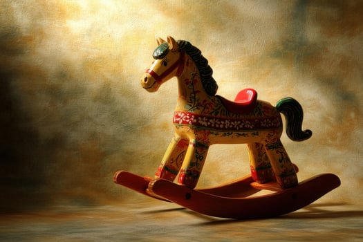 A beautifully painted rocking horse stands elegantly in soft light, showcasing vibrant colors and intricate designs. The background features warm tones that enhance its charm. photo