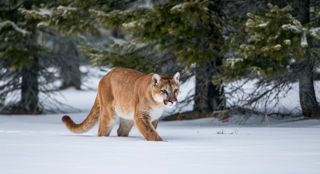 Mountain lion in snowy forest. majestic wildlife in winter habitat photo