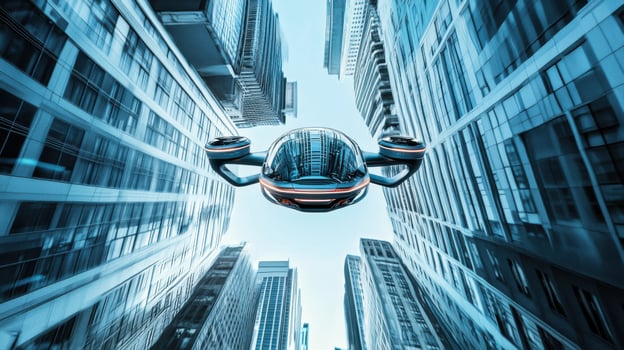 High-tech cityscape with flying robotic car, future of autonomous transportation. Robotic cars photo