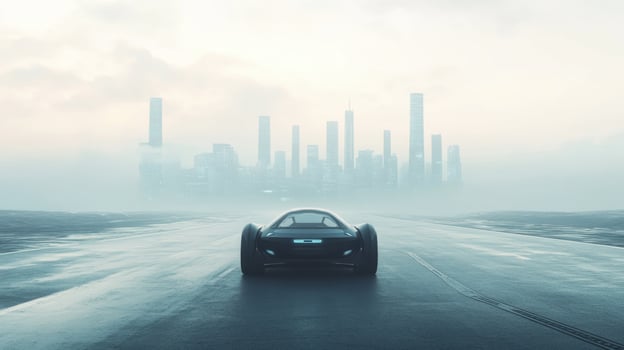 High-tech robotic car driving solo, futuristic city backdrop. Robotic cars photo
