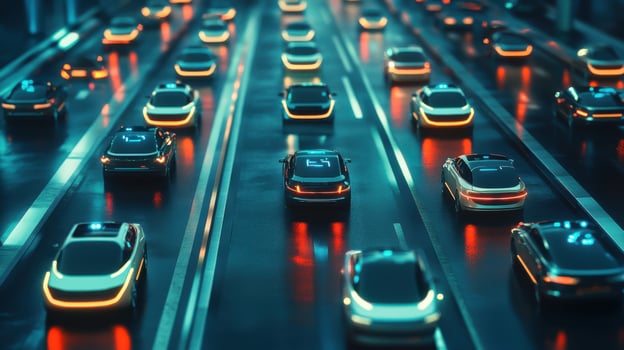 Robotic cars in sync on busy highway, showcasing flawless autopilot systems. Robotic cars photo
