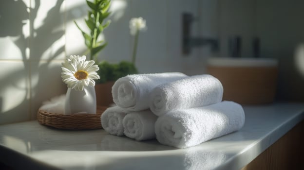 Soft white towels are neatly stacked on a bright countertop. A small vase holds a fresh flower, while greenery subtly enhances the serene, eco-friendly atmosphere of the space. photo