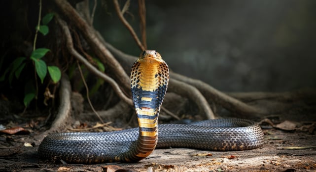 Majestic cobra in natural habitat showcasing elegant scales and intimidating hood photo